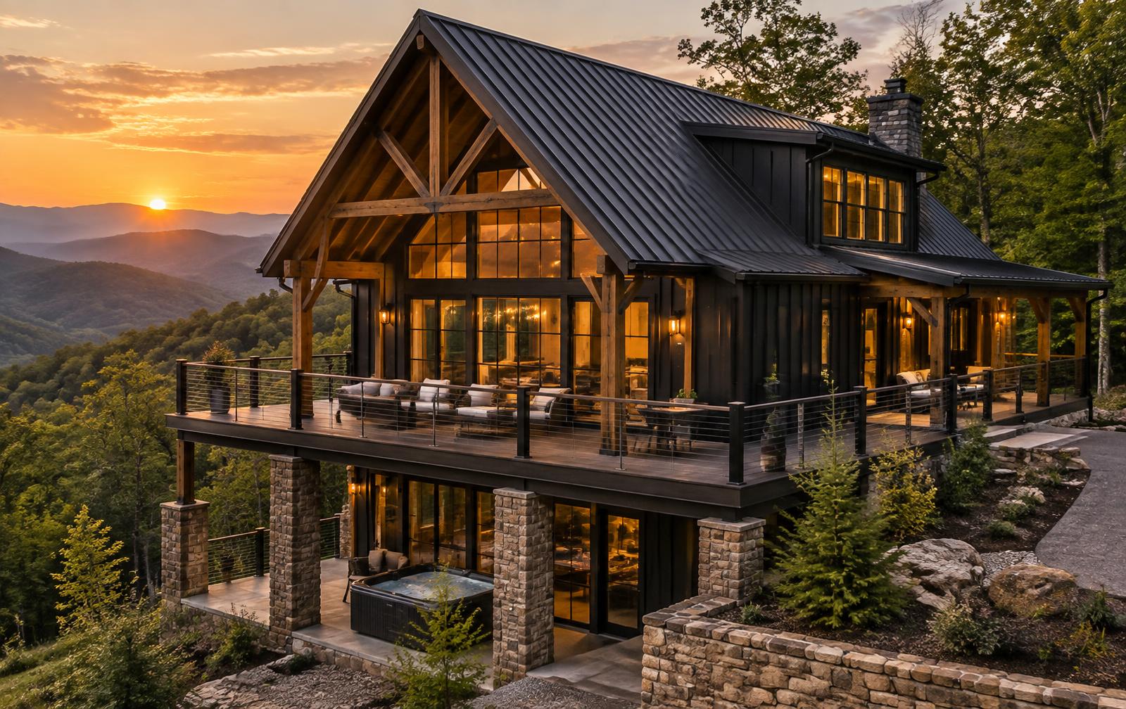 Blackridge Summit barndominium cabin at golden hour in the Smoky Mountains